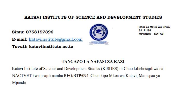 Jobs at Katavi Institute of Science and Development Studies (KISDES) 2025