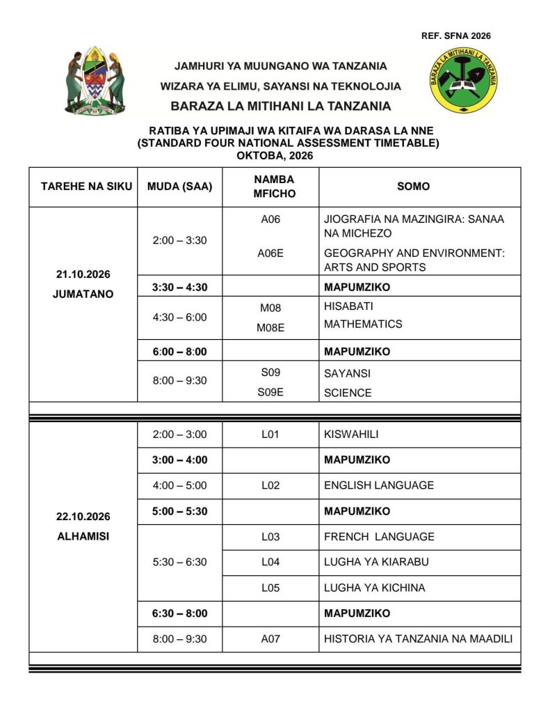 Standard Four National Assessment Timetable 2026